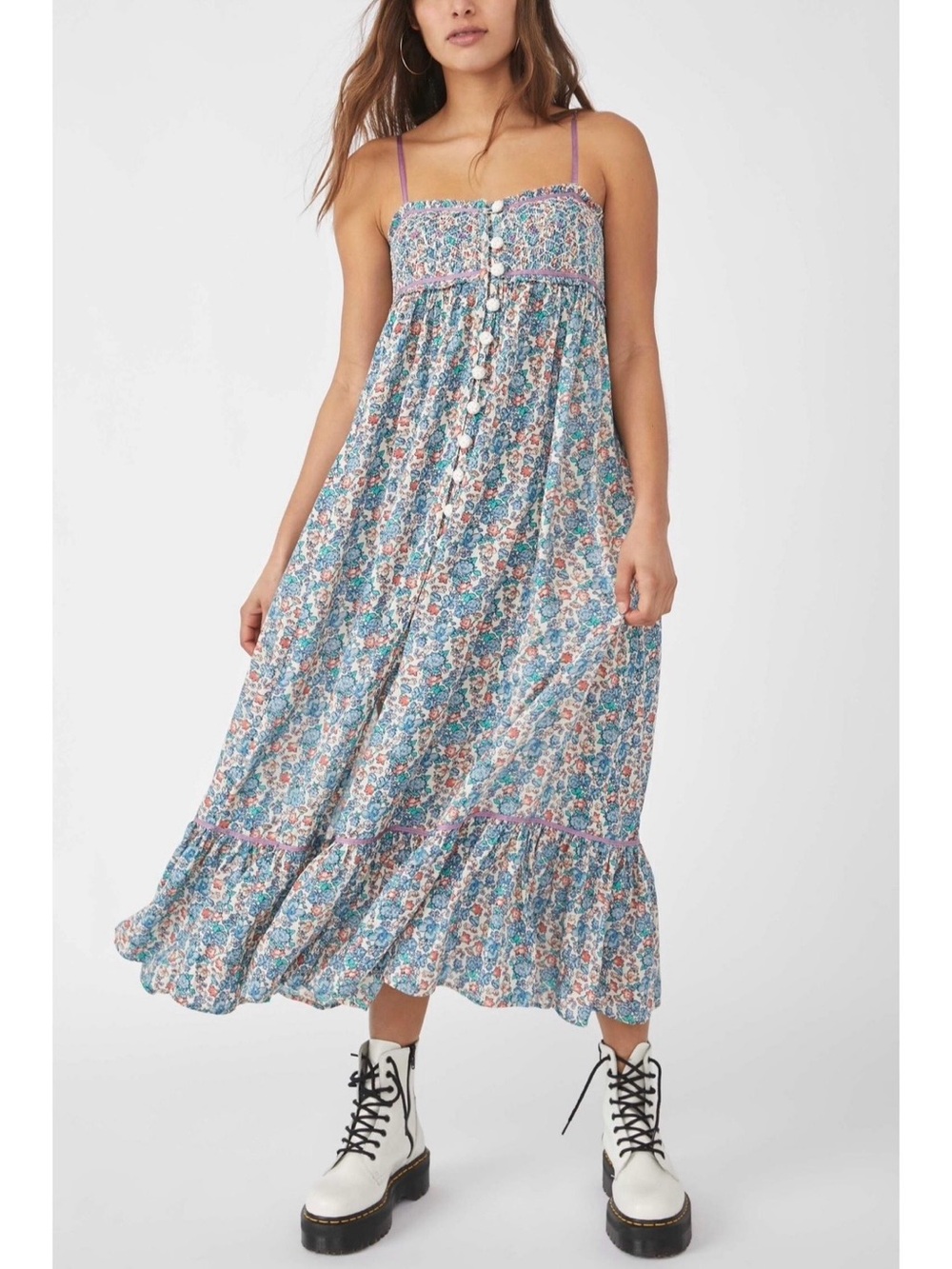 Free People Molly Jo Midi Dress Button Front Ruffle Boho Floral Blue Sz XS